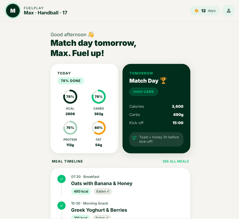 FuelPlay app — home screen showing macro targets and meal timeline